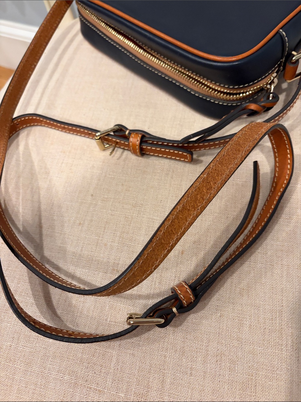 Dooney & Bourke Wexford Leather Demi Camera Zip Navy and Tan Leather Crossbody - Picture 7 of 7